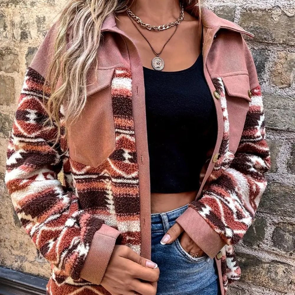 {NEW} Aztec Pattern Teddy Jacket, Casual Button Front Long Sleeve M Berry